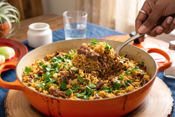 Arroz de fraldinha desfiada na panela de pressão