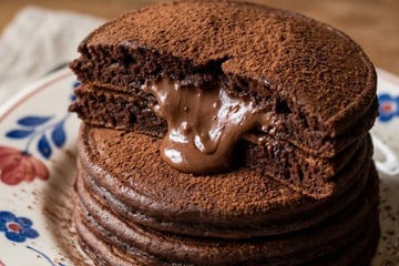 Panqueca de chocolate com Nutella que já sai recheada da frigideira e a família toda ama