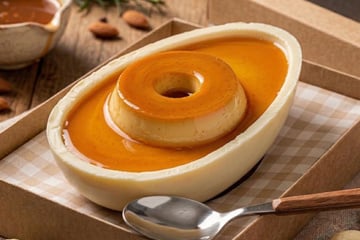 Ovo de Páscoa de pudim de leite condensado sem forno com calda brilhante