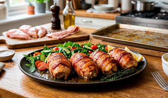 Sempre faço esse prato simples para o jantar: suculentos rolinhos de frango envoltos em bacon crocante (assados no forno!)