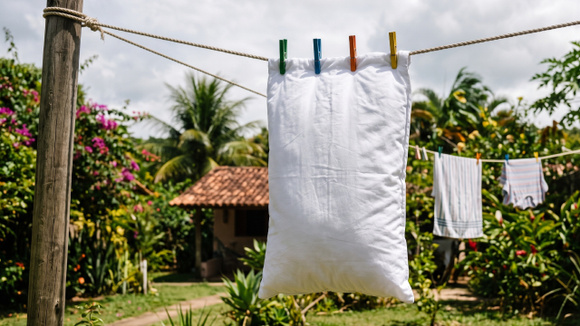 O vento é um melhor aliado do que o sol quando se trata da esterilização do travesseiro (Créditos: Imagem gerada por IA)