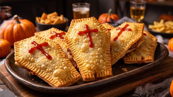 Porções de pastel de Halloween em forma de caixão decoradas com ketchup (Créditos: Gerado por IA)