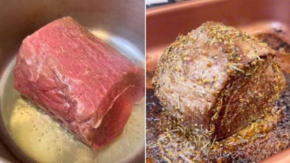 Preparo do rosbife é feito em duas etapas: uma na panela e outra no forno (Créditos: Reprodução/@dehwerneck/TikTok)