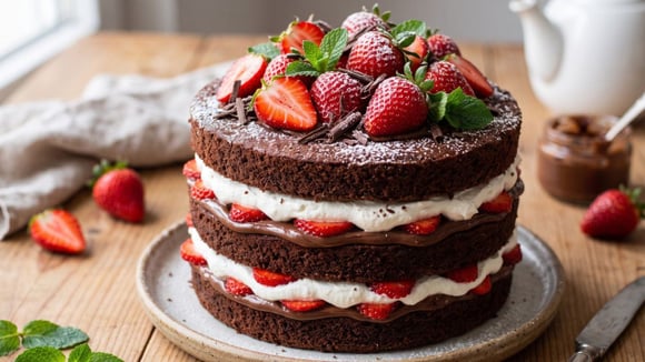 Naked cake recheado com creme de avelã, morangos e chantilly (Créditos: Gerado por IA)