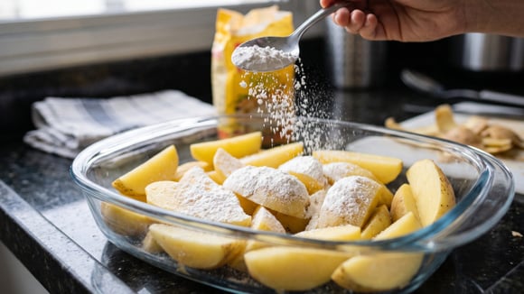 Adicionar o amido de milho antes de levar as batatas para assar vai deixá-las mais sequinhas e crocantes (Créditos: Imagem gerada por IA)