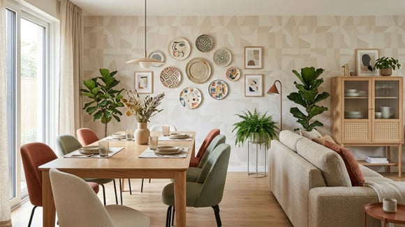 Pratos pendurados e papel de parede foram resgatados do passado para ajudar a compor as decorações de um jeito mais moderno (Créditos: Imagem gerada com IA) 