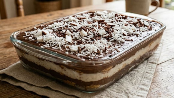 Pavê de chocolate com camadas de creme de coco e biscoitos embebidos no leite de coco (Créditos: Gerado por IA)