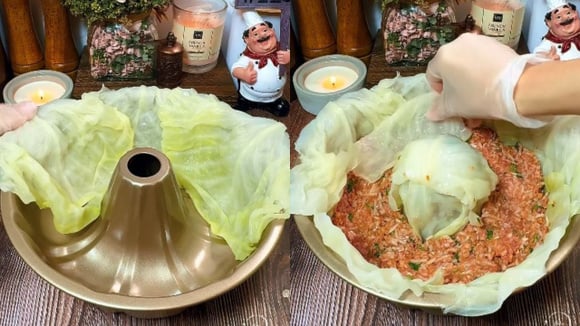 Para simplificar o preparo do charuto de repolho, basta forrar uma forma de bolo com as folhas do vegetal e distribuir o recheio (Créditos: Reprodução/@yanas_food/Instagram)