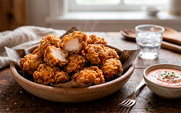 O segredo da pipoca de frango mais crocante está em um ingrediente que quase ninguém imagina usar