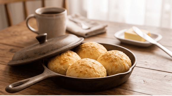Com poucos ingredientes e uma panela tampada, o café da manhã ganha um pão quentinho sem usar o forno. (Foto: Gerada por IA)