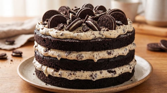 Naked cake de Oreo finalizado com brigadeiro de biscoito e pedaços de Oreo por cima (Créditos: Gerado por IA)
