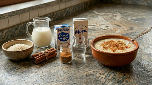 O uso de leite condensado e creme de leite deixa o arroz doce supercremoso e incrivelmente saboroso (Créditos: Imagem gerada com IA)