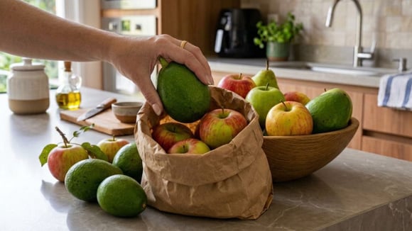 Coloque o abacate verde dentro de um saco de papel junto com maçãs para acelerar o amadurecimento da fruta (Créditos: Imagem gerada com IA)
