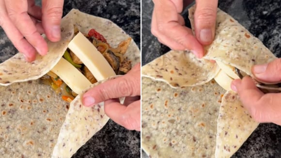 A dobra certa na tortilla garante que o recheio não escape e ainda facilita a armazenagem no congelador (Créditos: Reprodução/@made_in_casa/Instagram)