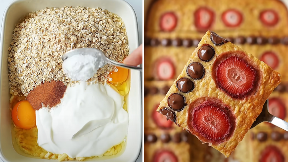 Estou encantada com essa receita de mingau assado: coloco morango, gotas de chocolate e é o meu café da manhã por 3 dias