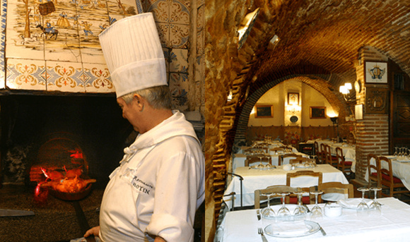 O preparo do leitão no forno a lenha que nunca desliga e um dos ambientes do restaurante (Foto site oficial botin.es)