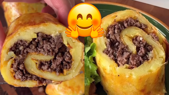 Rocambole de batata com crosta de queijo e recheio de carne moída: impossível não amar essa receita!