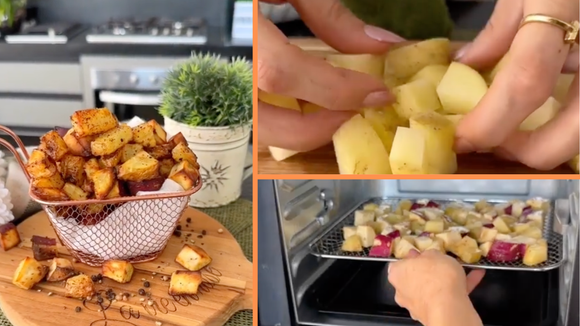 Achou! Esse mix assado de batata inglesa e batata-doce é a receita de acompanhamento crocante pra fazer na airfryer que você estava procurando