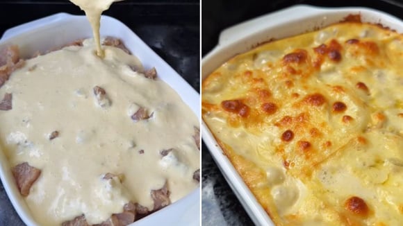 A travessa deve ficar no forno por volta de 40 minutos a 180°C para que o frango cozinhe adequadamente (Créditos: Reprodução/@paulinhaboque/Instagram)