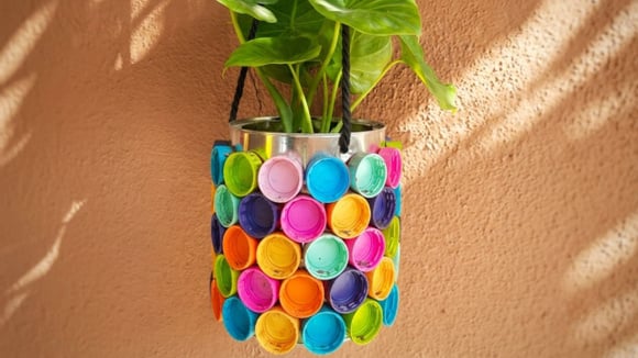 Vaso de plantas feito com tampa de garrafas plásticas (Créditos: Gerado por IA)