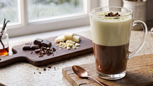 Xícara de chocolate quente metade branco, metade preto (Créditos: Gerado por IA)