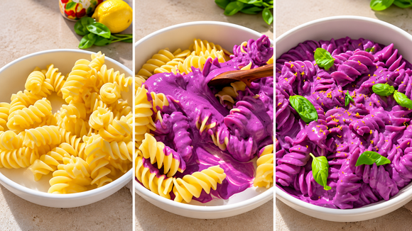 Saudável e cheio de cor: fiz esse macarrão roxo para o jantar e agora meus filhos só querem comer massa assim