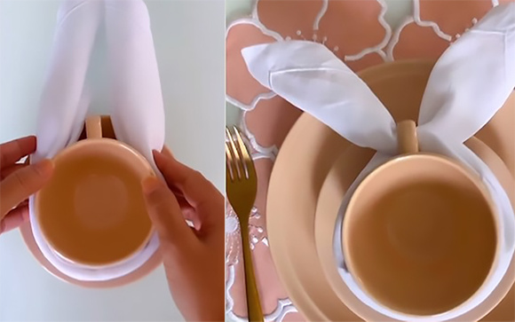 Faço todo ano no café da manhã da Páscoa: como dobrar o guardanapo em formato de orelhas de coelho, é muito fácil e um show de charme para a sua mesa