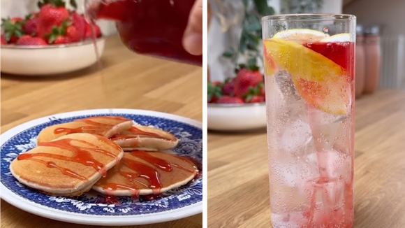 Soda italiana e panquecas preparadas com calda natural de morango. (Foto: reprodução @abetaqfaz no Instagram)