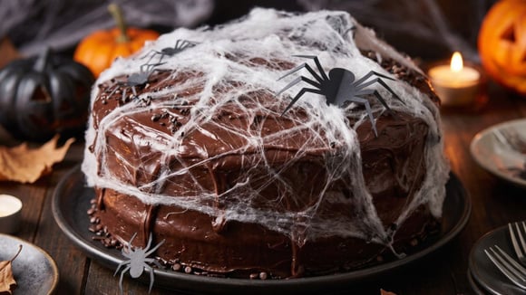 Bolo teia de aranha com algodão doce e aranha de papel em cima (Créditos: Gerado por IA)