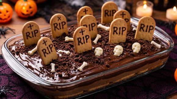 Pavê cemitério decorado com biscoitos, farelo de biscoitos e ossos e caveiras (Créditos: Gerado por IA)