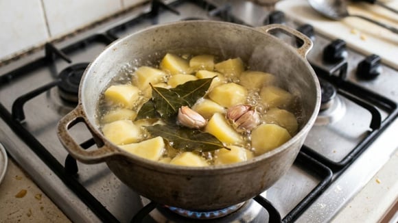 Louro e alho ajudam a perfumar as batatas durante o cozimento (Créditos: Imagem gerada com IA)