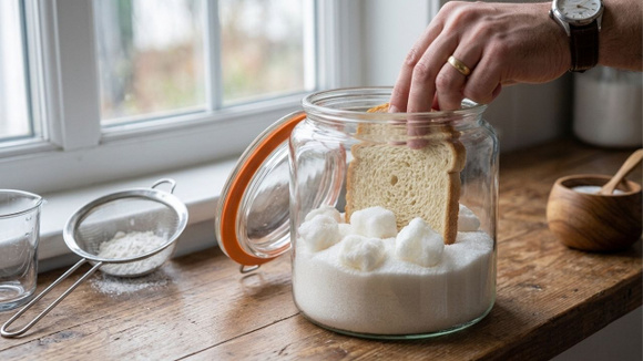 Deixar uma fatia de pão dentro do pote de açúcar por algumas horas pode eliminar as "pedras" e soltar os grãos (Créditos: Imagem gerada com IA)
