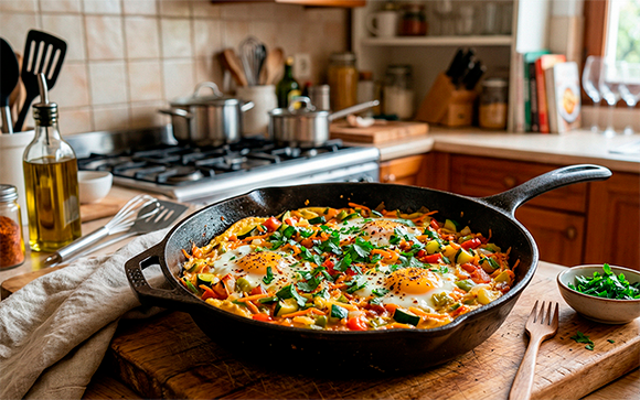 Essa receita com ovos e legumes na frigideira ficou tão boa que virou meu jantar favorito da semana