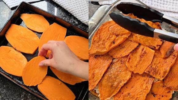 Nesta receita, a batata-doce é cortada em fatias e assada, formando camadas que intercalam com o recheio (Créditos: Reprodução/@ely.spaccavento/Instagram)