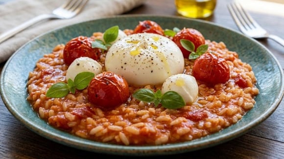 Risoto caprese com molho de tomates, burrata e folhas de manjericão (Créditos: Gerado por IA)