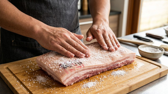 Usar bicarbonato com sal na pele da carne ajuda a formar uma crosta bem mais crocante e saborosa (Créditos: Imagem gerada com IA)