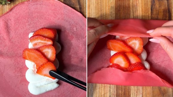 O recheio pode ser adaptado, mas a sugestão é usar morangos frescos e chantilly caseiro (Créditos: Reprodução/@bymesika/Instagram)