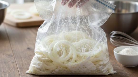 Coloque cebola e mistura para panquecas em um saco plástico e agite por exatamente 10 segundos... Como é que eu não sabia disso?