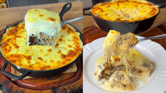 Aprendi uma receita diferente que é um sucesso aqui em casa: escondidinho de coração de galinha e cebola caramelizada