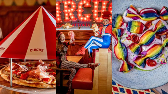 Comida com acrobacia e palhaçada: esse restaurante temático tem macarrão colorido e espetáculos de circo toda hora