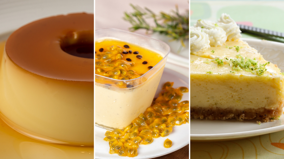 3 sobremesas que nunca falham no almoço de domingo: pudim de leite, mousse de maracujá e torta de limão