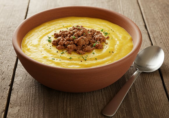 Sopa de fubá com carne moída é o melhor jantar para as noites frias, sempre que faço não sobra nada na panela!