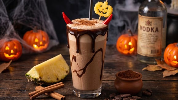 Capeta servido em copo grande com calda de chocolate e decorado com elementos de Halloween (Créditos: Gerado por IA)