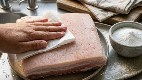 Secar bem a parte do couro da carne é essencial para a crocância da pururuca (Créditos: Imagem gerada com IA)