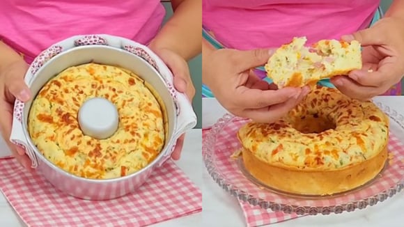 Diferente de uma torta, o bolo salgado tem massa bem fofinha e macia (Créditos: Reprodução/Gordices da Teka/Youtube)
