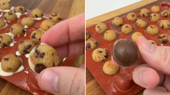 As pipoquinhas de cookie ganham uma camada de chocolate ao leite e chocolate branco que deixa o docinho mais bonito e saboroso (Créditos: Reprodução/@jobsonamancio/Instagram)