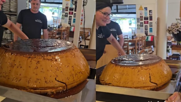 Inspirada em tradição familiar, ela decidiu inovar e fez um pudim de 54kg no tacho antigo de sua avó: receita foi um sucesso imediato para o restaurante e tem até versão no balde
