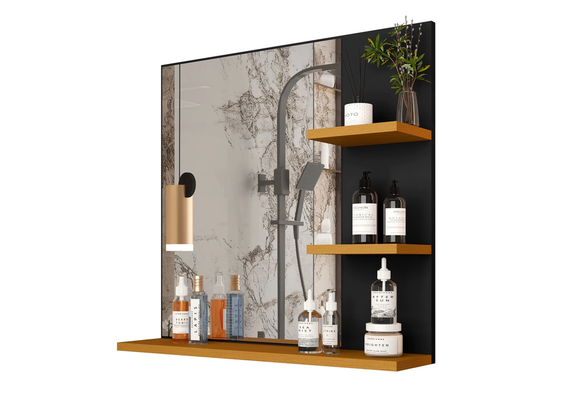 Espelho com prateleiras de madeira que alia funcionalidade e charme para o ambiente (Divulgação: Shopee).