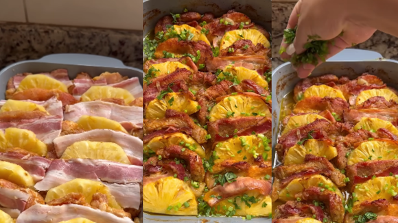 A estrela da ceia de Natal vai ser este lombo com abacaxi e bacon, perfeito para quem ama pratos agridoces