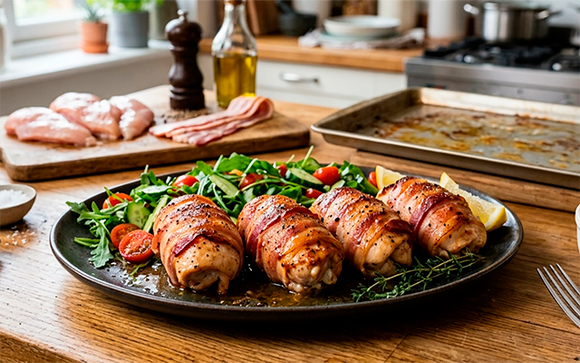 Sempre faço esse prato simples para o jantar: suculentos rolinhos de frango envoltos em bacon crocante (assados ​​no forno!)